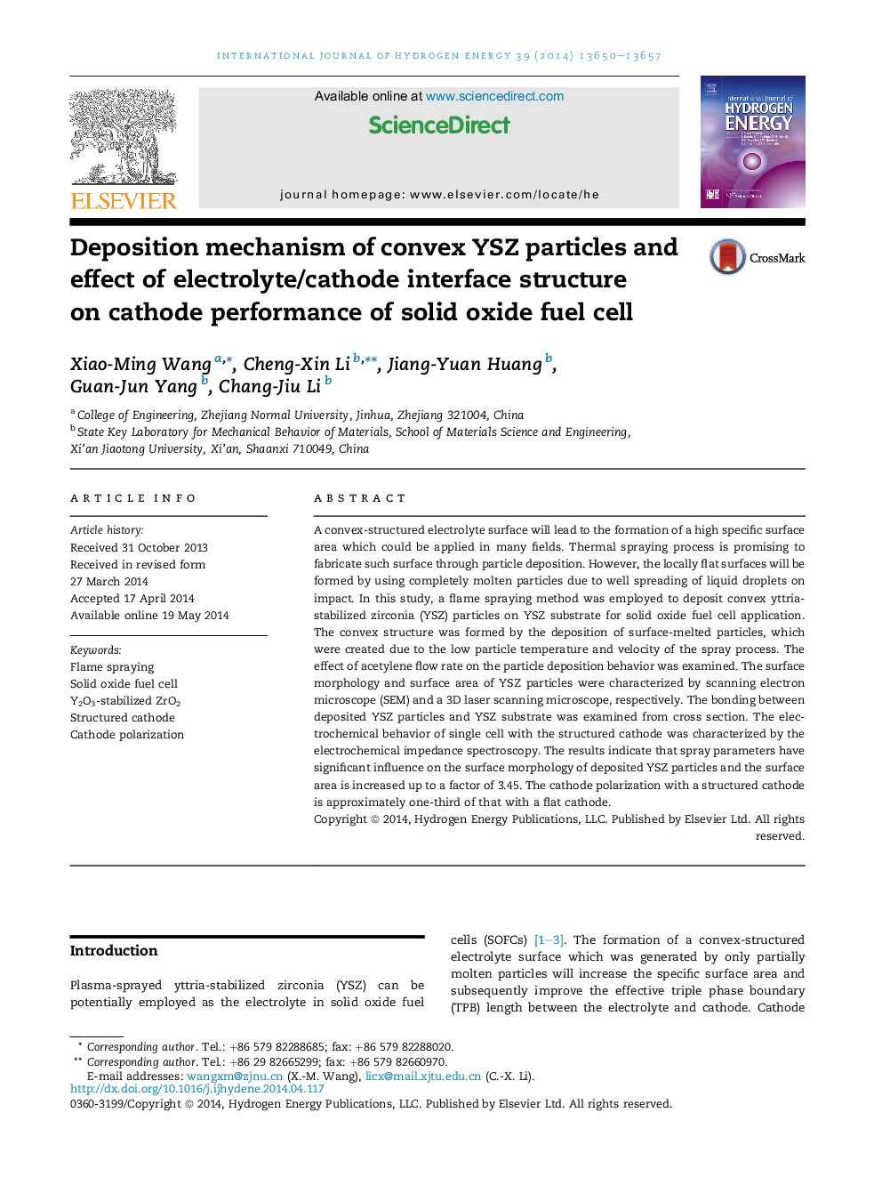 Deposition mechanism of convex YSZ particles and effect of electrolyte/cathode interface structure on cathode performance of solid oxide fuel cell