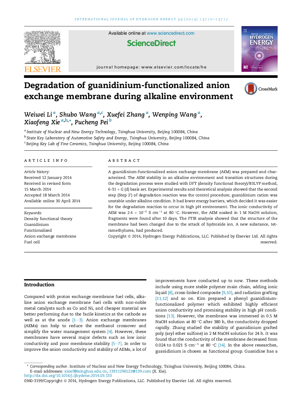 Degradation of guanidinium-functionalized anion exchange membrane during alkaline environment