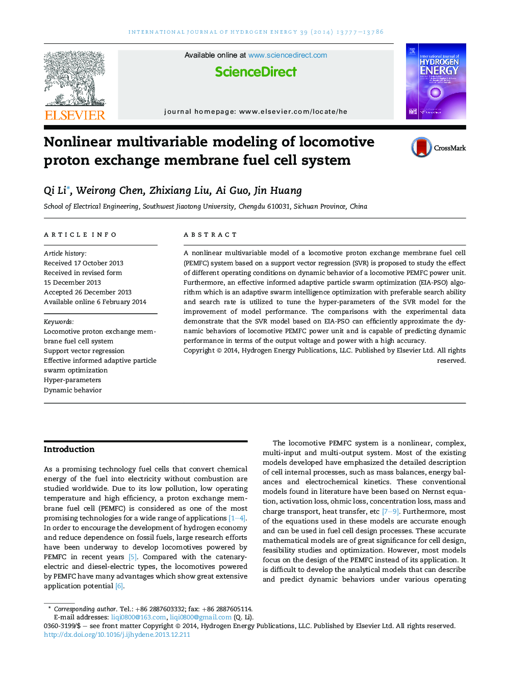 Nonlinear multivariable modeling of locomotive proton exchange membrane fuel cell system