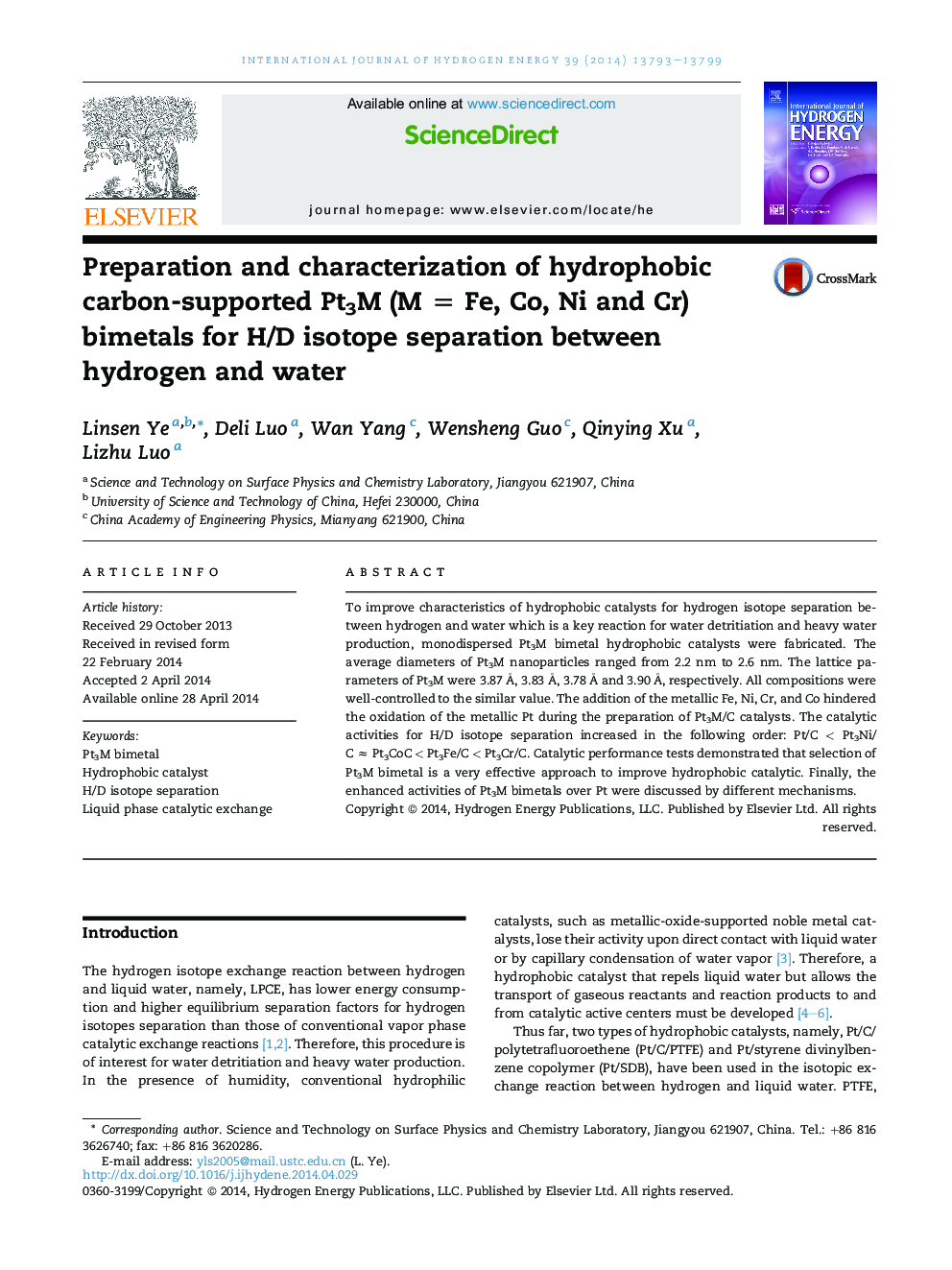 Preparation and characterization of hydrophobic carbon-supported Pt3M (M = Fe, Co, Ni and Cr) bimetals for H/D isotope separation between hydrogen and water