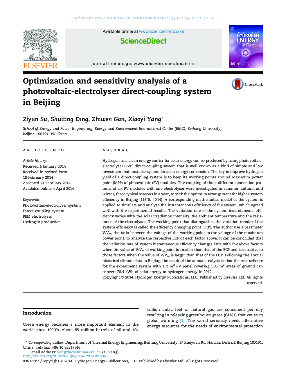 Optimization and sensitivity analysis of a photovoltaic-electrolyser direct-coupling system in Beijing