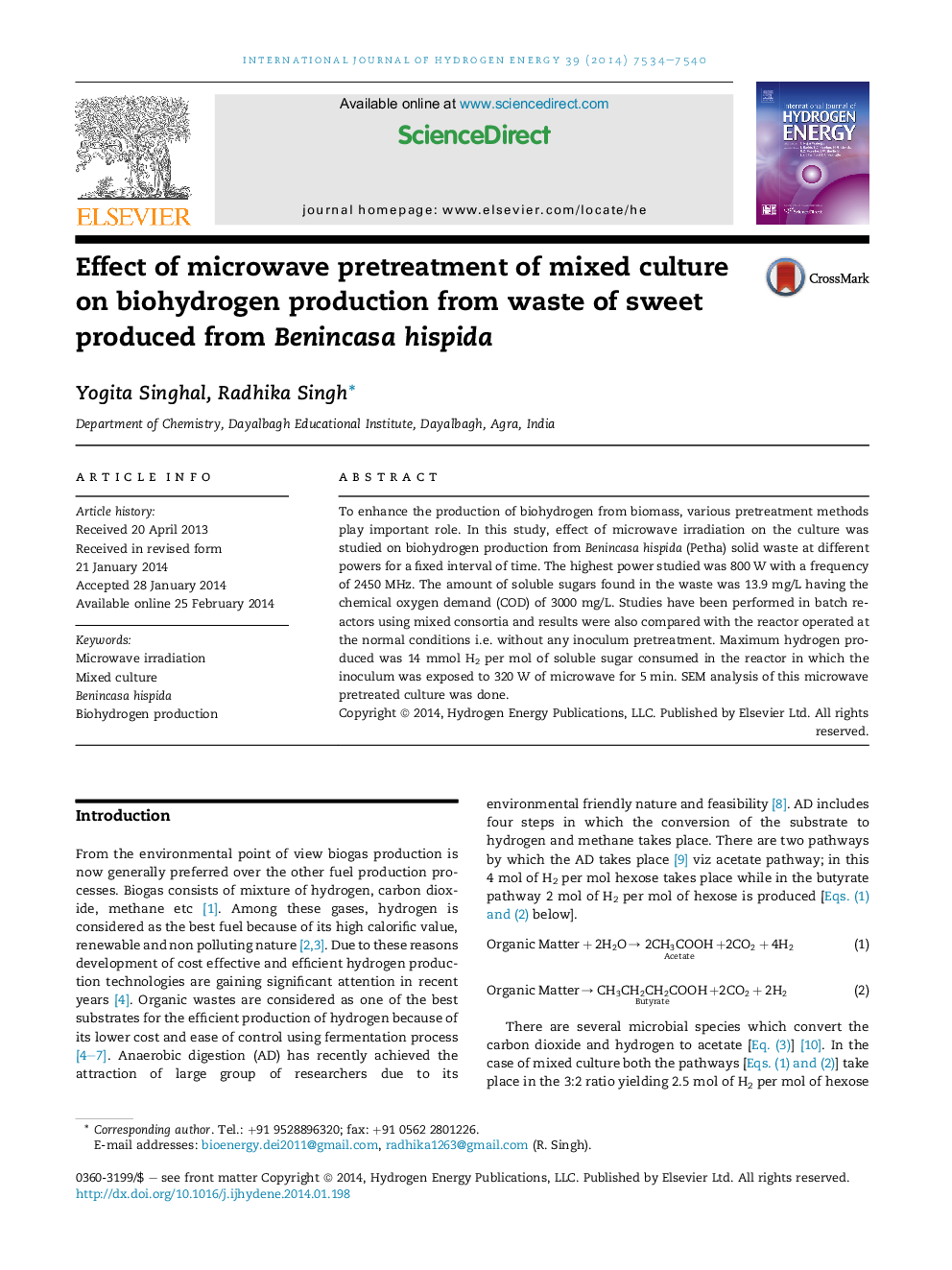 Effect of microwave pretreatment of mixed culture on biohydrogen production from waste of sweet produced from Benincasa hispida