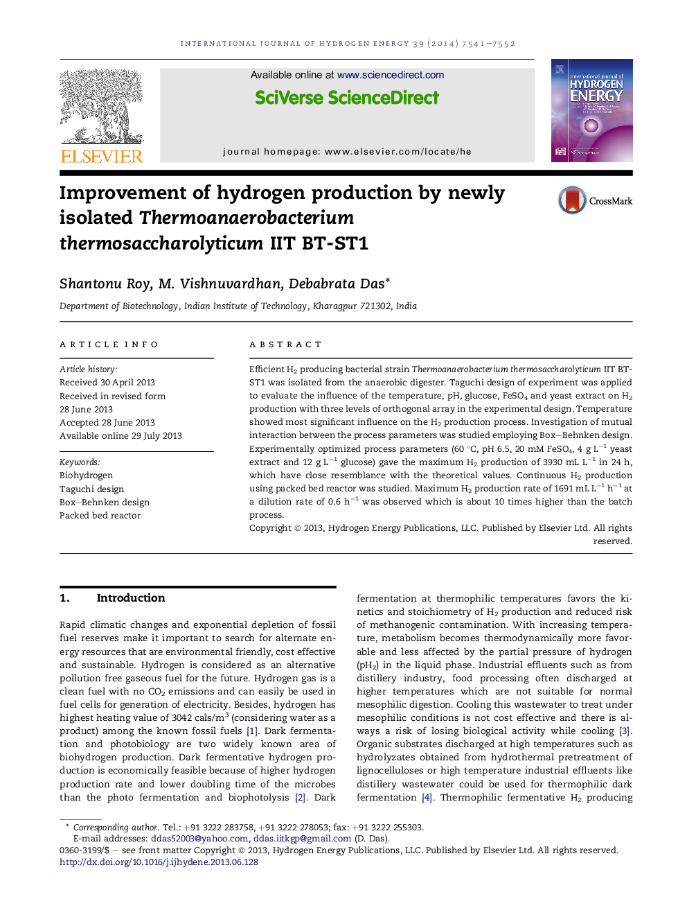 Improvement of hydrogen production by newly isolated Thermoanaerobacterium thermosaccharolyticum IIT BT-ST1