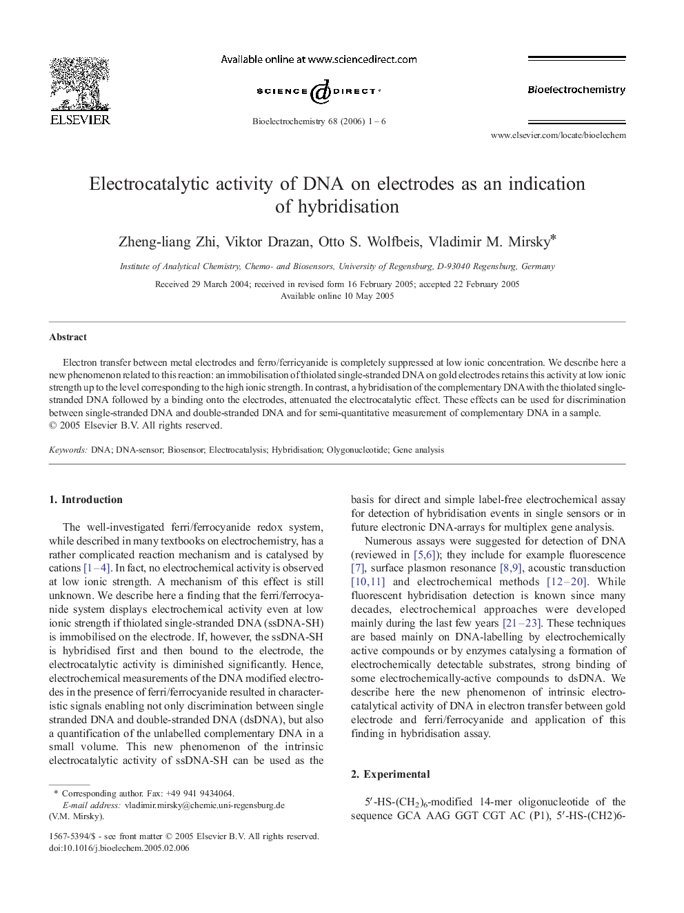 Electrocatalytic activity of DNA on electrodes as an indication of hybridisation