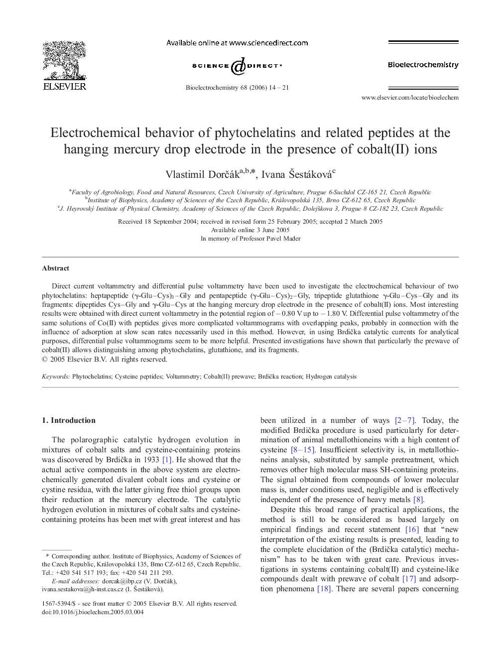 Electrochemical behavior of phytochelatins and related peptides at the hanging mercury drop electrode in the presence of cobalt(II) ions