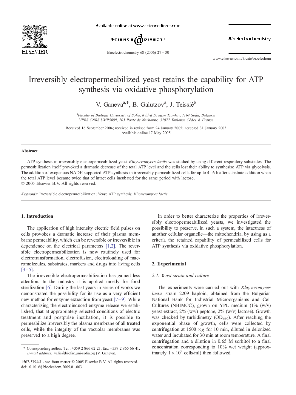 Irreversibly electropermeabilized yeast retains the capability for ATP synthesis via oxidative phosphorylation