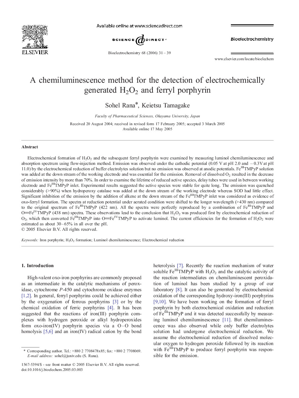 A chemiluminescence method for the detection of electrochemically generated H2O2 and ferryl porphyrin