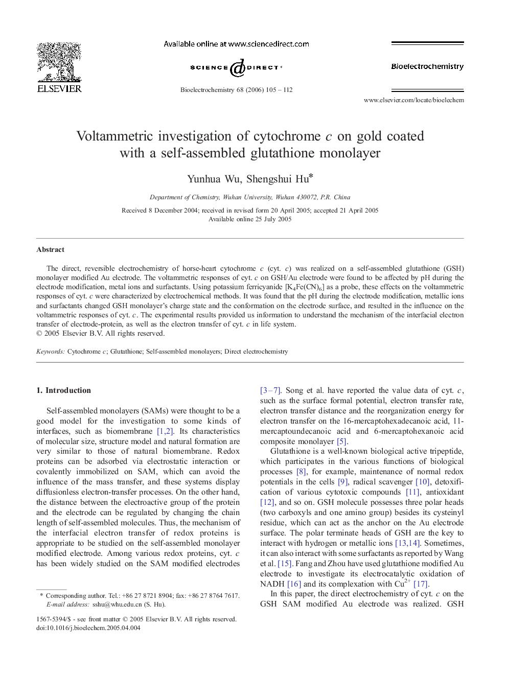 Voltammetric investigation of cytochrome c on gold coated with a self-assembled glutathione monolayer