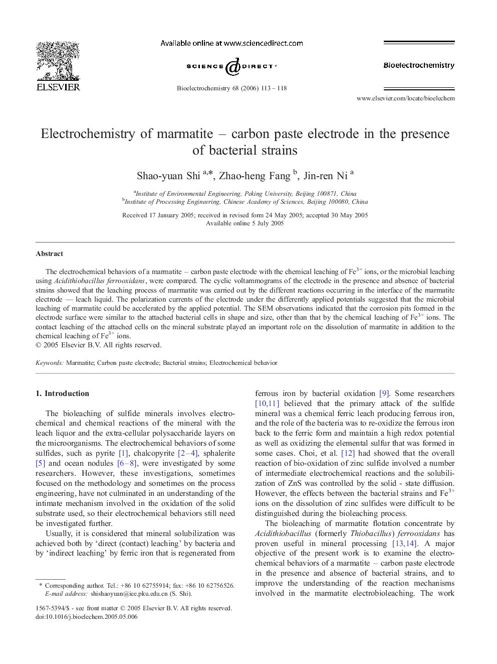 Electrochemistry of marmatite – carbon paste electrode in the presence of bacterial strains