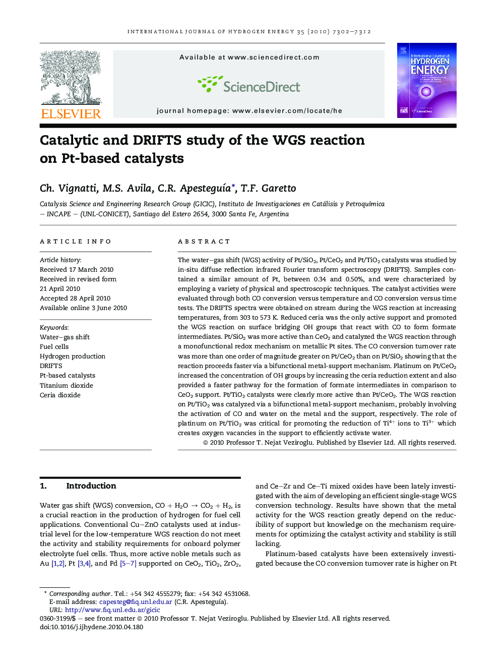 Catalytic and DRIFTS study of the WGS reaction on Pt-based catalysts