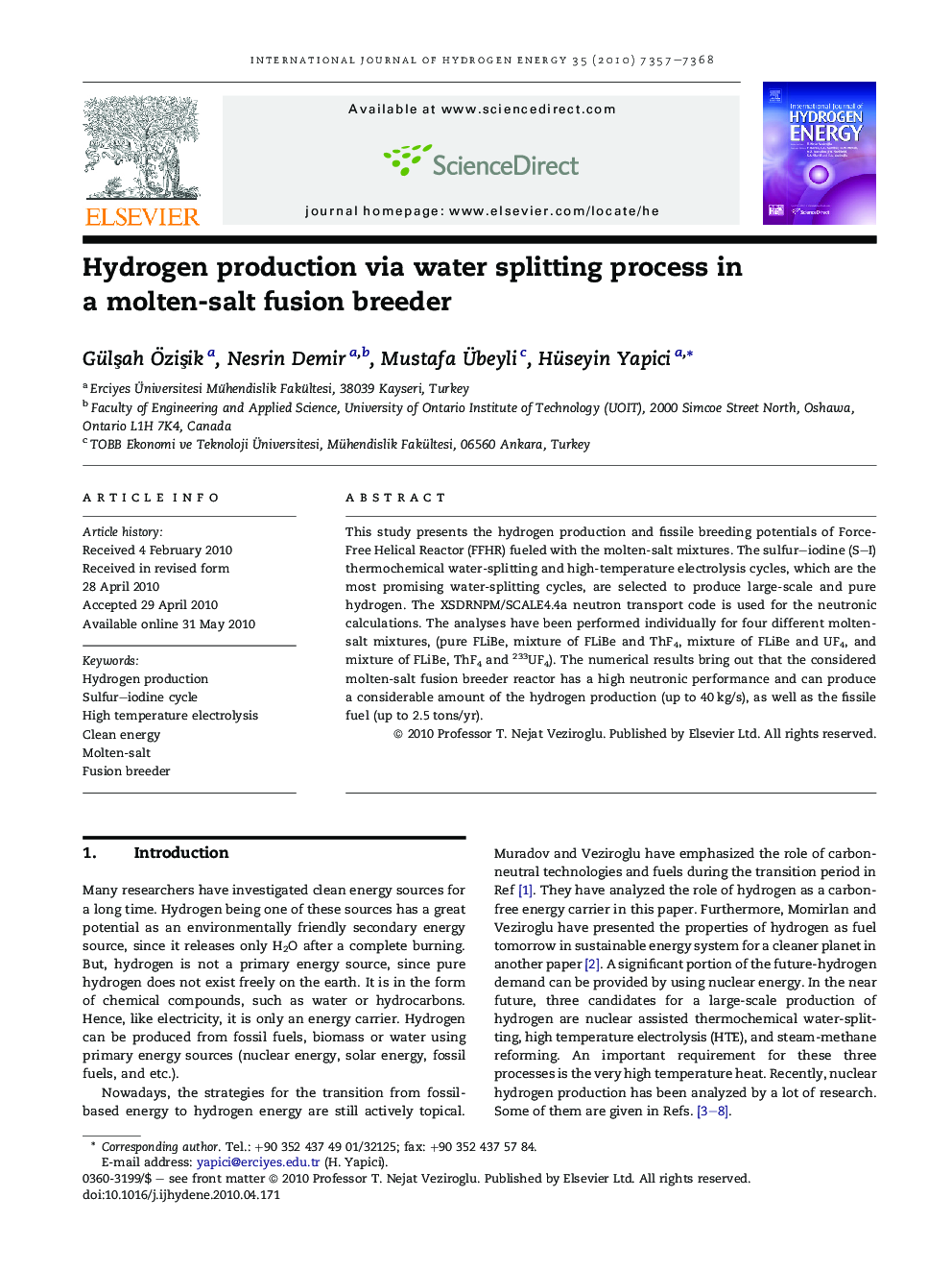 Hydrogen production via water splitting process in a molten-salt fusion breeder