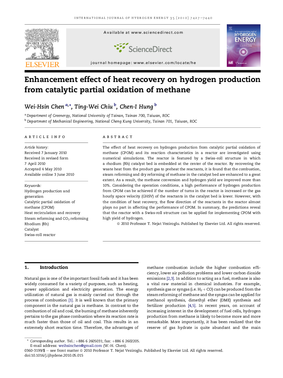 Enhancement effect of heat recovery on hydrogen production from catalytic partial oxidation of methane