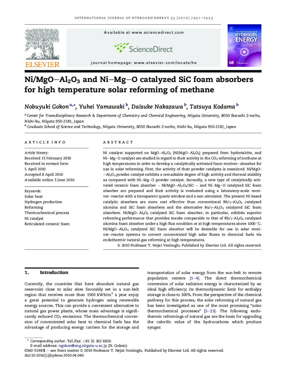 Ni/MgO–Al2O3 and Ni–Mg–O catalyzed SiC foam absorbers for high temperature solar reforming of methane