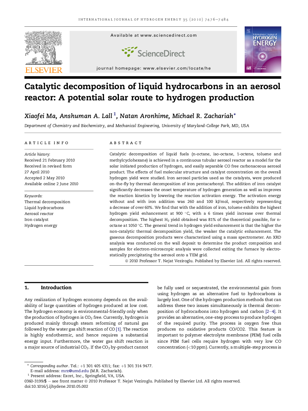 Catalytic decomposition of liquid hydrocarbons in an aerosol reactor: A potential solar route to hydrogen production