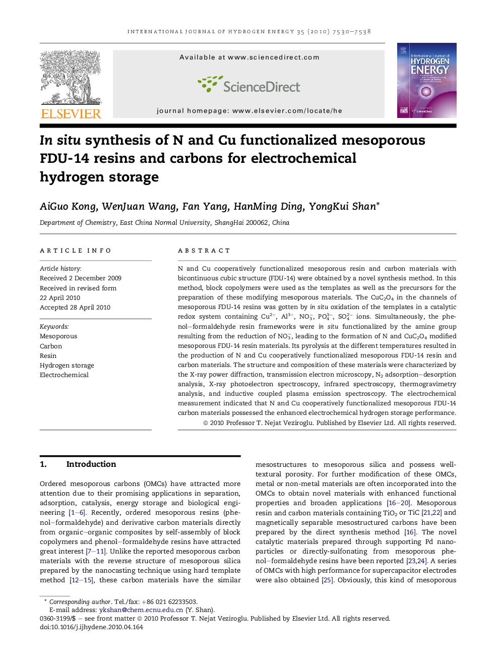 In situ synthesis of N and Cu functionalized mesoporous FDU-14 resins and carbons for electrochemical hydrogen storage