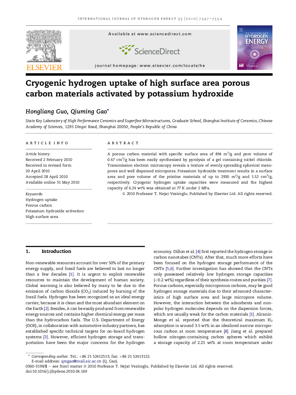 Cryogenic hydrogen uptake of high surface area porous carbon materials activated by potassium hydroxide