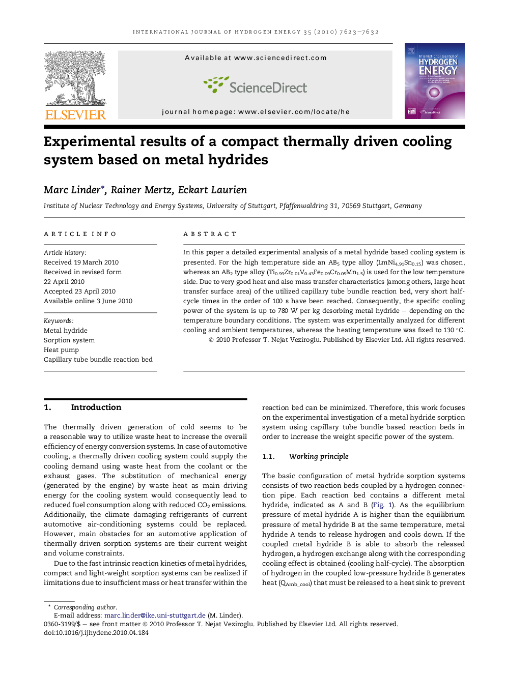 Experimental results of a compact thermally driven cooling system based on metal hydrides