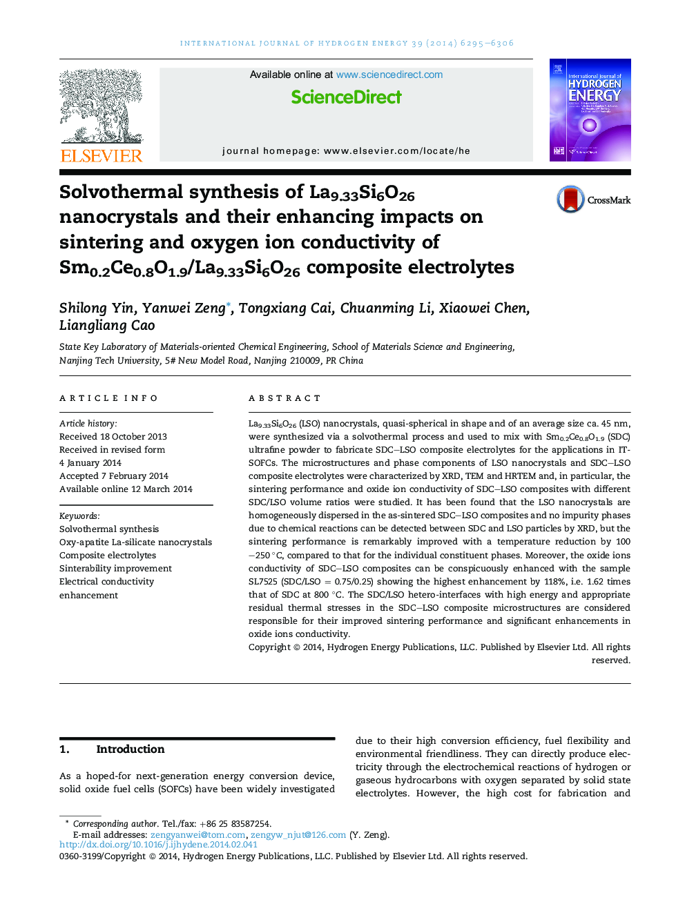 Solvothermal synthesis of La9.33Si6O26 nanocrystals and their enhancing impacts on sintering and oxygen ion conductivity of Sm0.2Ce0.8O1.9/La9.33Si6O26 composite electrolytes