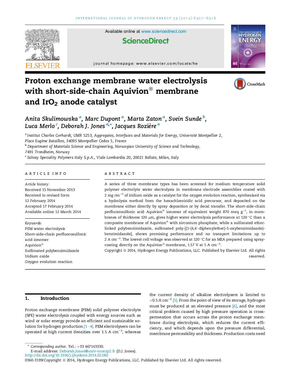 Proton exchange membrane water electrolysis with short-side-chain Aquivion® membrane and IrO2 anode catalyst