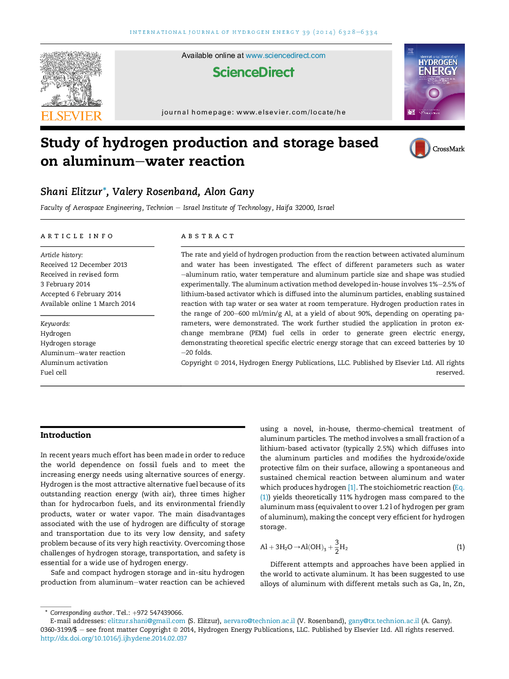 Study of hydrogen production and storage based on aluminum–water reaction