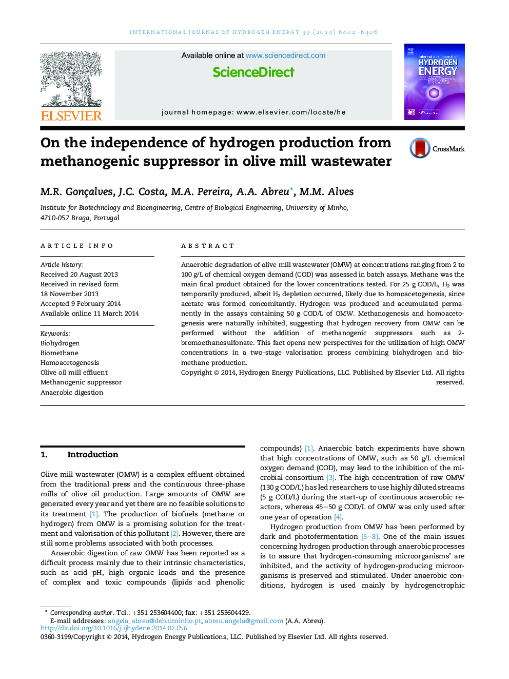 On the independence of hydrogen production from methanogenic suppressor in olive mill wastewater