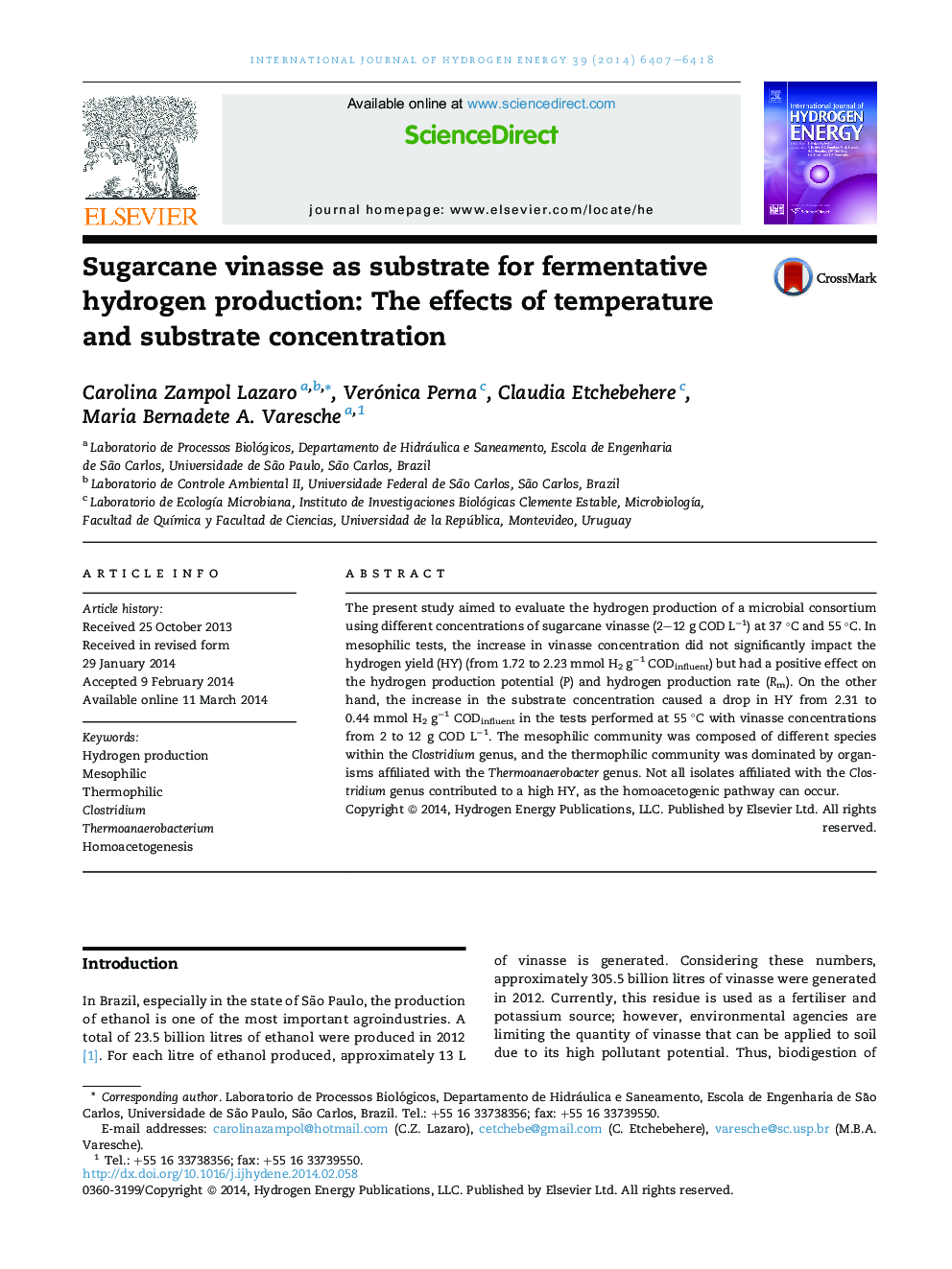 Sugarcane vinasse as substrate for fermentative hydrogen production: The effects of temperature and substrate concentration