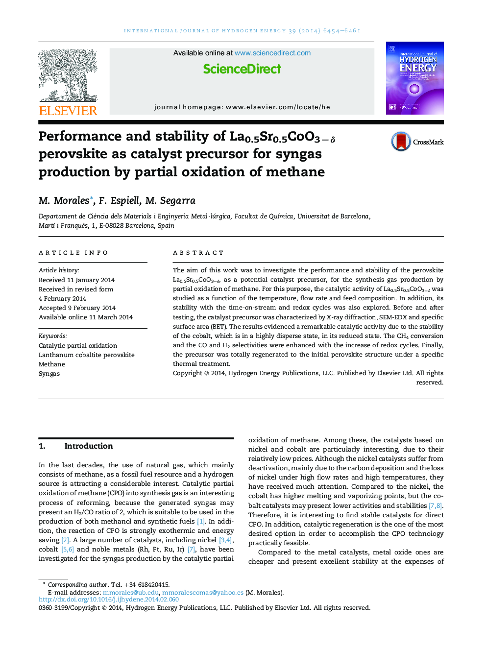 Performance and stability of La0.5Sr0.5CoO3−δ perovskite as catalyst precursor for syngas production by partial oxidation of methane