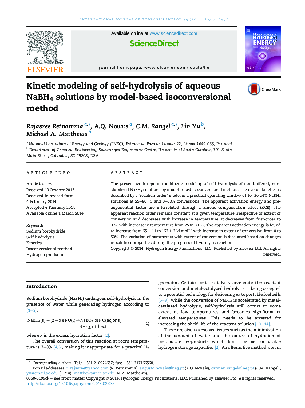 Kinetic modeling of self-hydrolysis of aqueous NaBH4 solutions by model-based isoconversional method