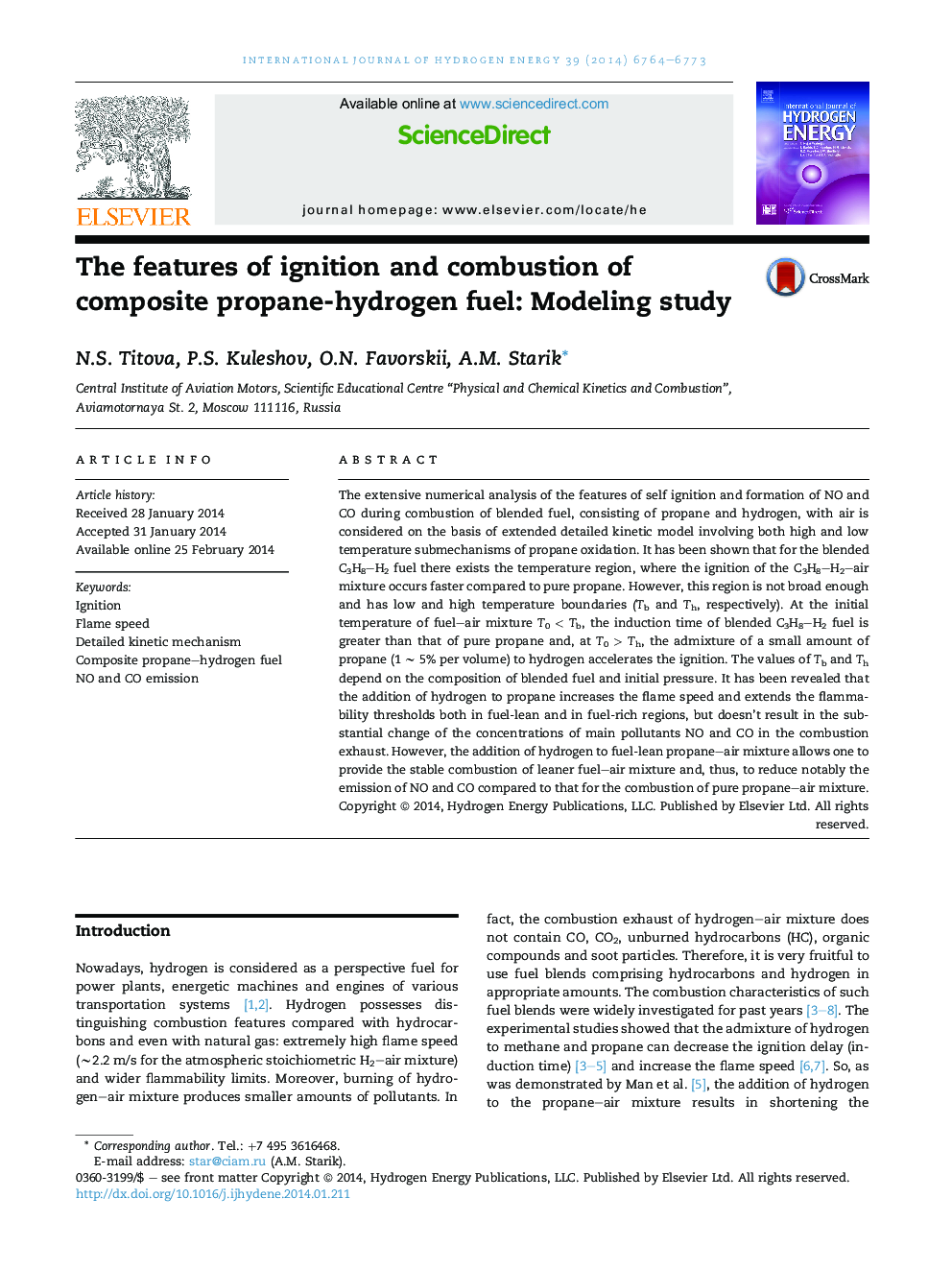 The features of ignition and combustion of composite propane-hydrogen fuel: Modeling study