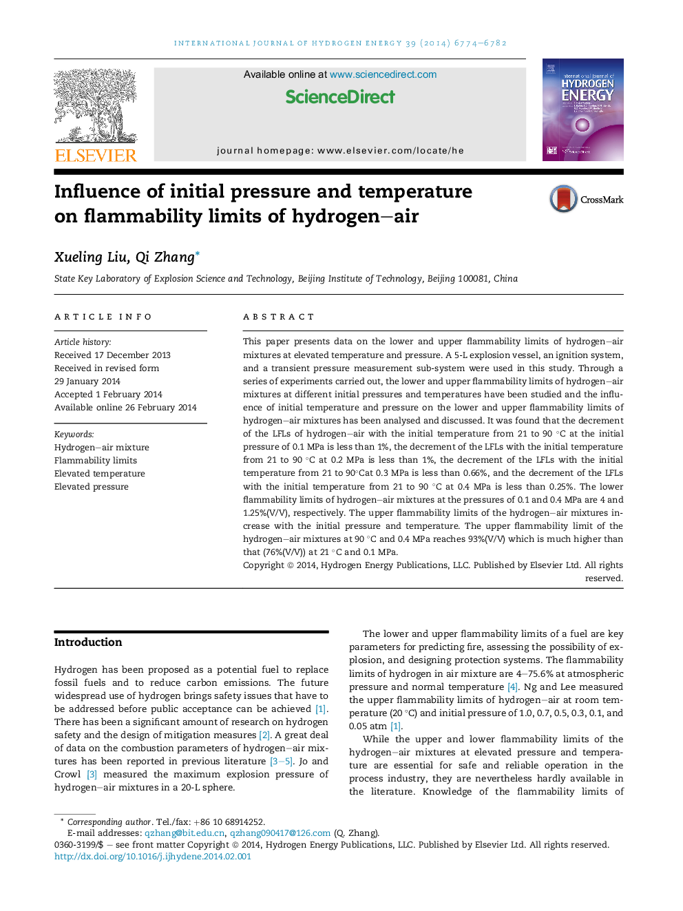 Influence of initial pressure and temperature on flammability limits of hydrogen–air