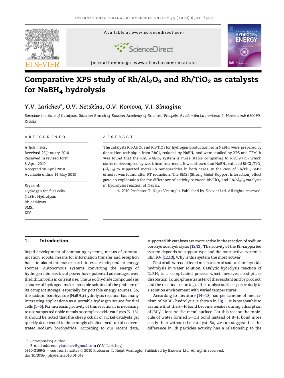 Comparative XPS study of Rh/Al2O3 and Rh/TiO2 as catalysts for NaBH4 hydrolysis