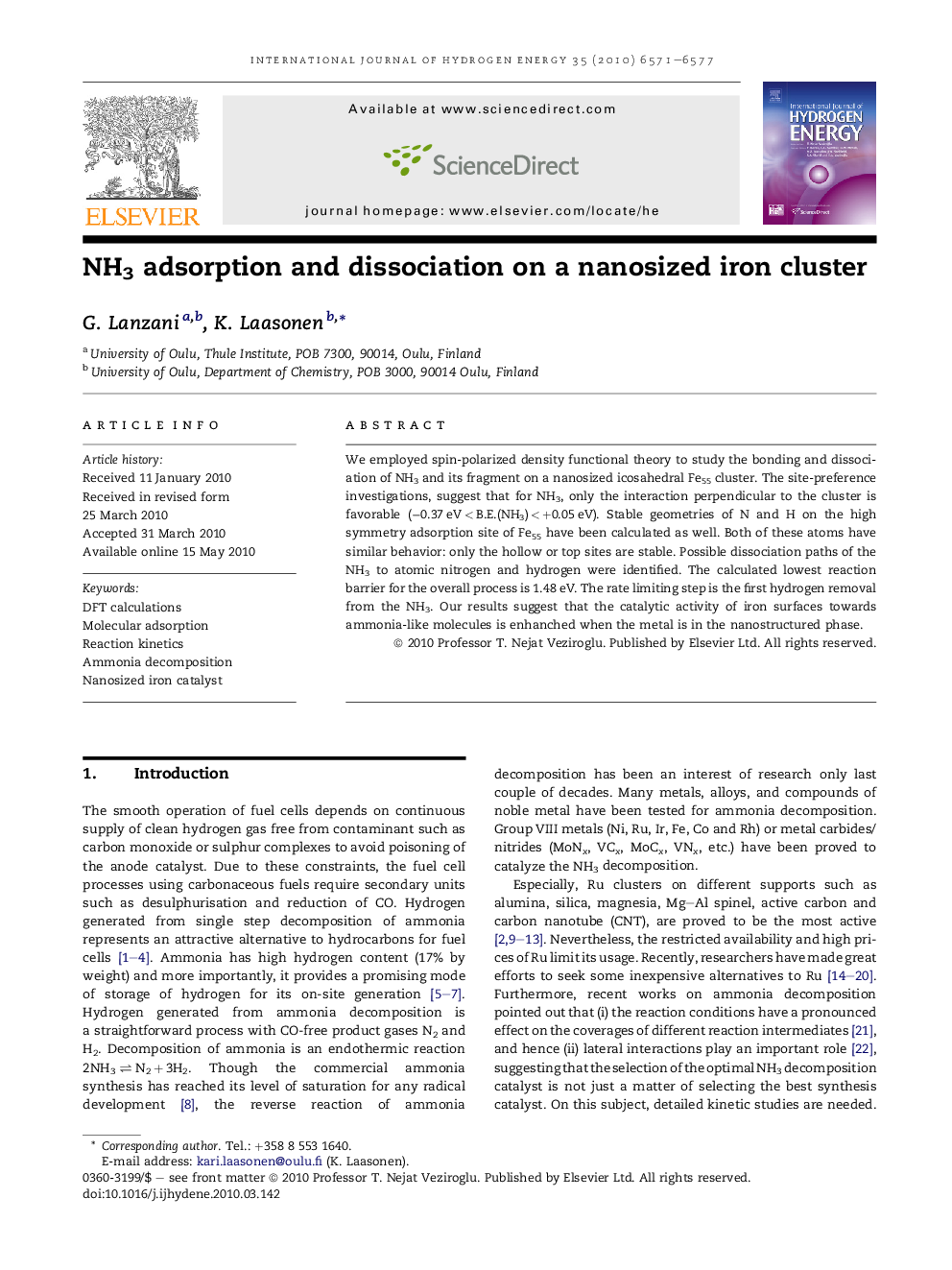 NH3 adsorption and dissociation on a nanosized iron cluster