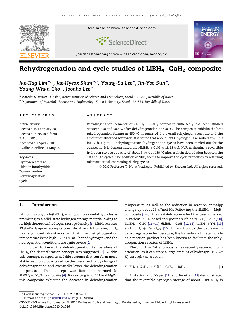 Rehydrogenation and cycle studies of LiBH4–CaH2 composite