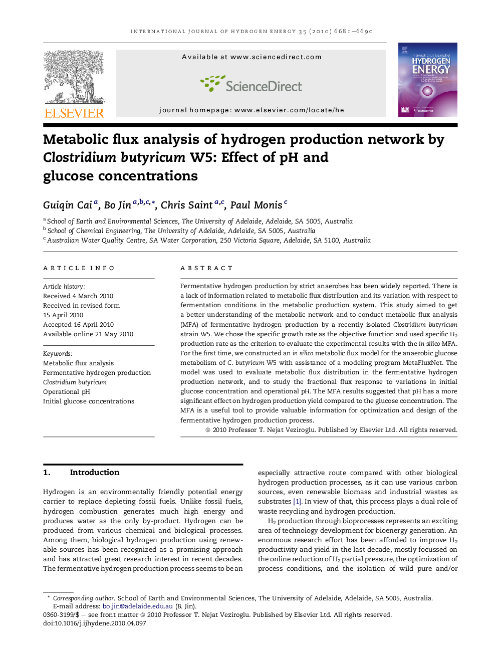 Metabolic flux analysis of hydrogen production network by Clostridium butyricum W5: Effect of pH and glucose concentrations