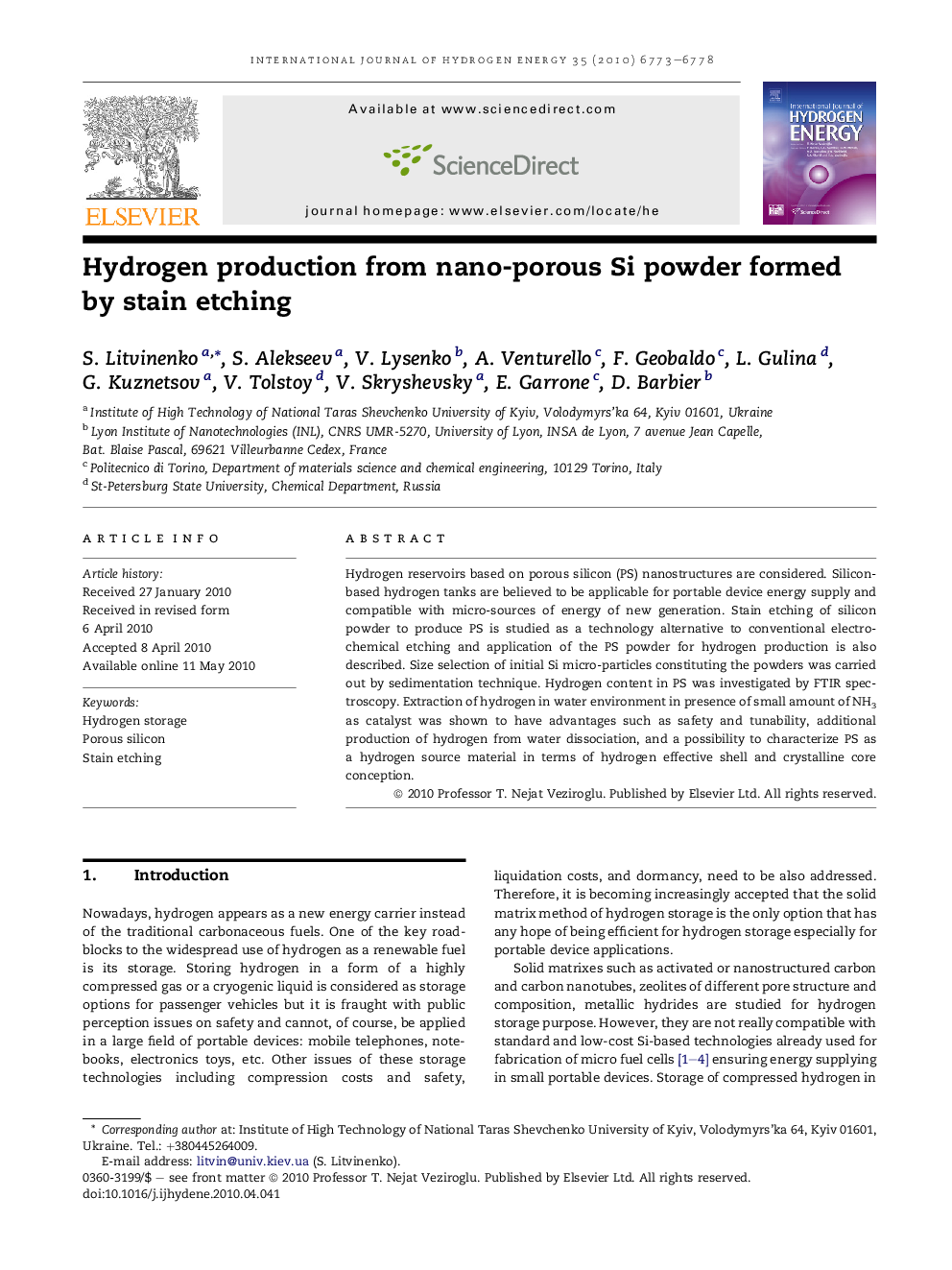 Hydrogen production from nano-porous Si powder formed by stain etching