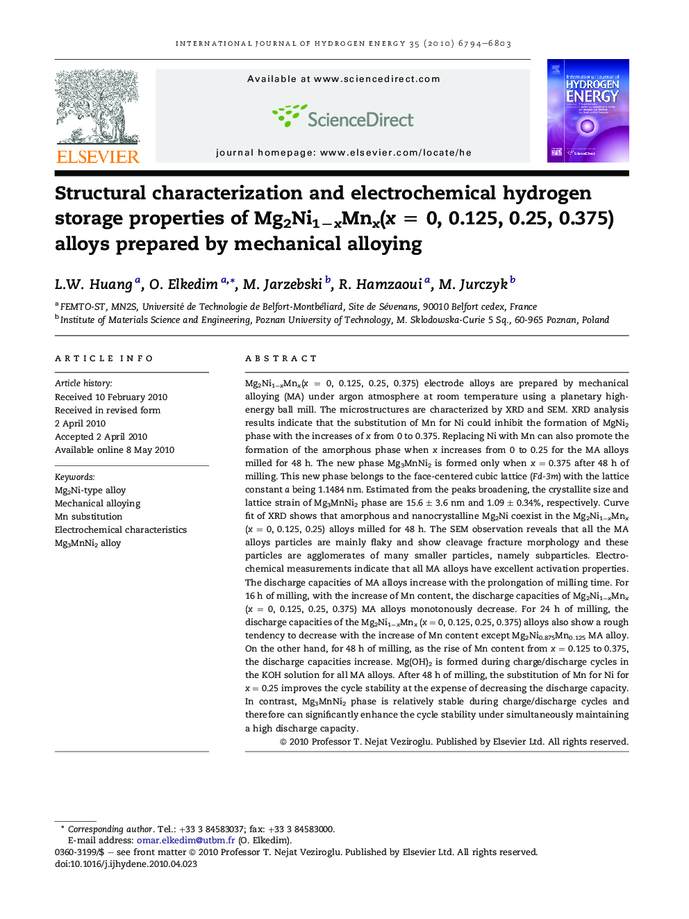 Structural characterization and electrochemical hydrogen storage properties of Mg2Ni1−xMnx(x = 0, 0.125, 0.25, 0.375) alloys prepared by mechanical alloying