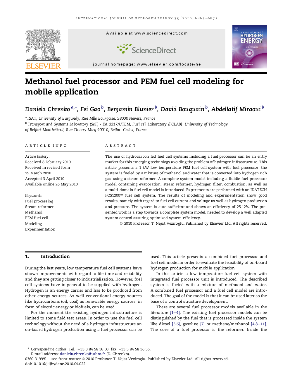 Methanol fuel processor and PEM fuel cell modeling for mobile application