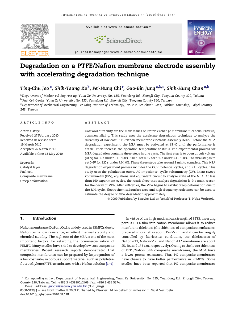 Degradation on a PTFE/Nafion membrane electrode assembly with accelerating degradation technique