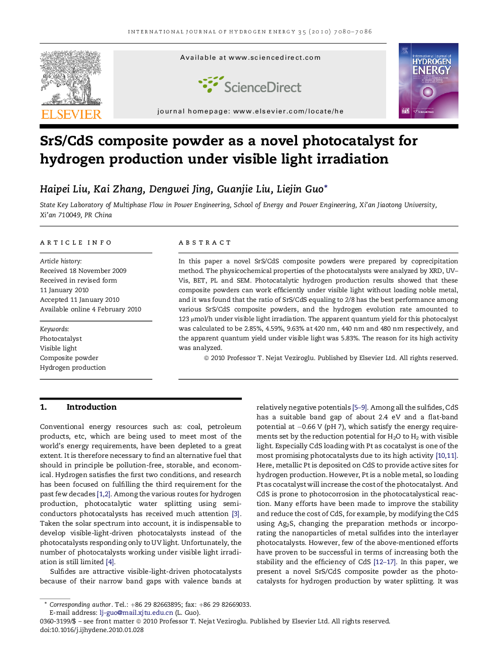 SrS/CdS composite powder as a novel photocatalyst for hydrogen production under visible light irradiation