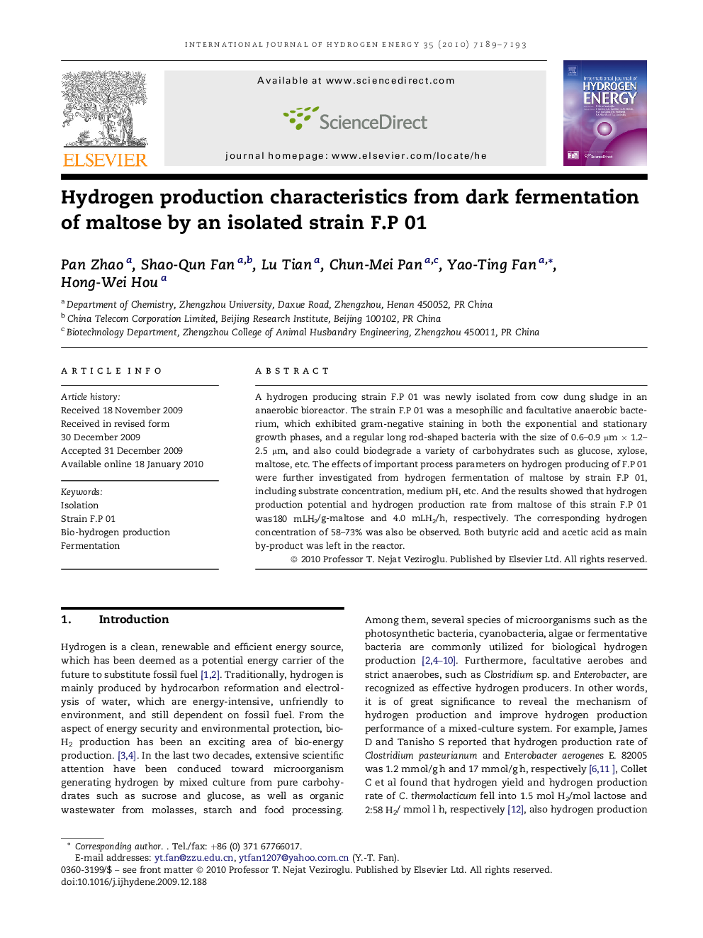 Hydrogen production characteristics from dark fermentation of maltose by an isolated strain F.P 01