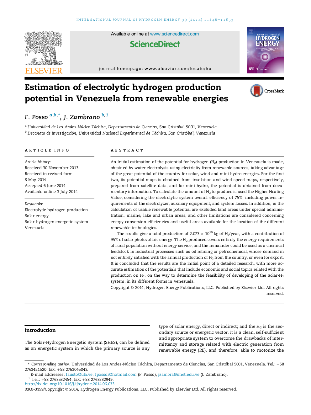 Estimation of electrolytic hydrogen production potential in Venezuela from renewable energies