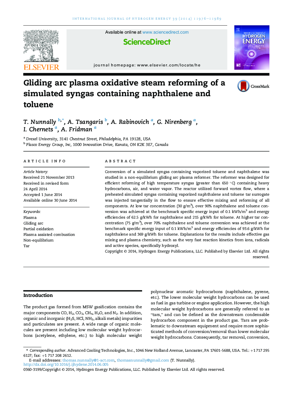 Gliding arc plasma oxidative steam reforming of a simulated syngas containing naphthalene and toluene