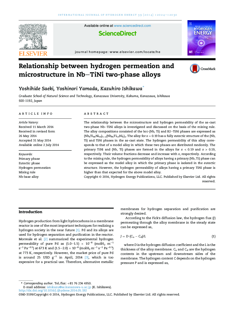 Relationship between hydrogen permeation and microstructure in Nb–TiNi two-phase alloys