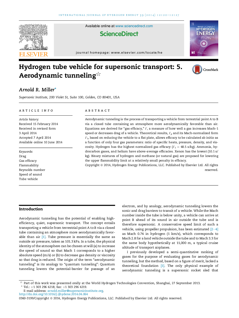 Hydrogen tube vehicle for supersonic transport: 5. Aerodynamic tunneling 