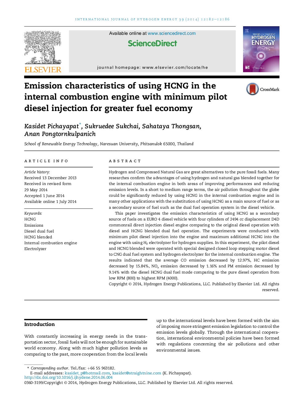 Emission characteristics of using HCNG in the internal combustion engine with minimum pilot diesel injection for greater fuel economy