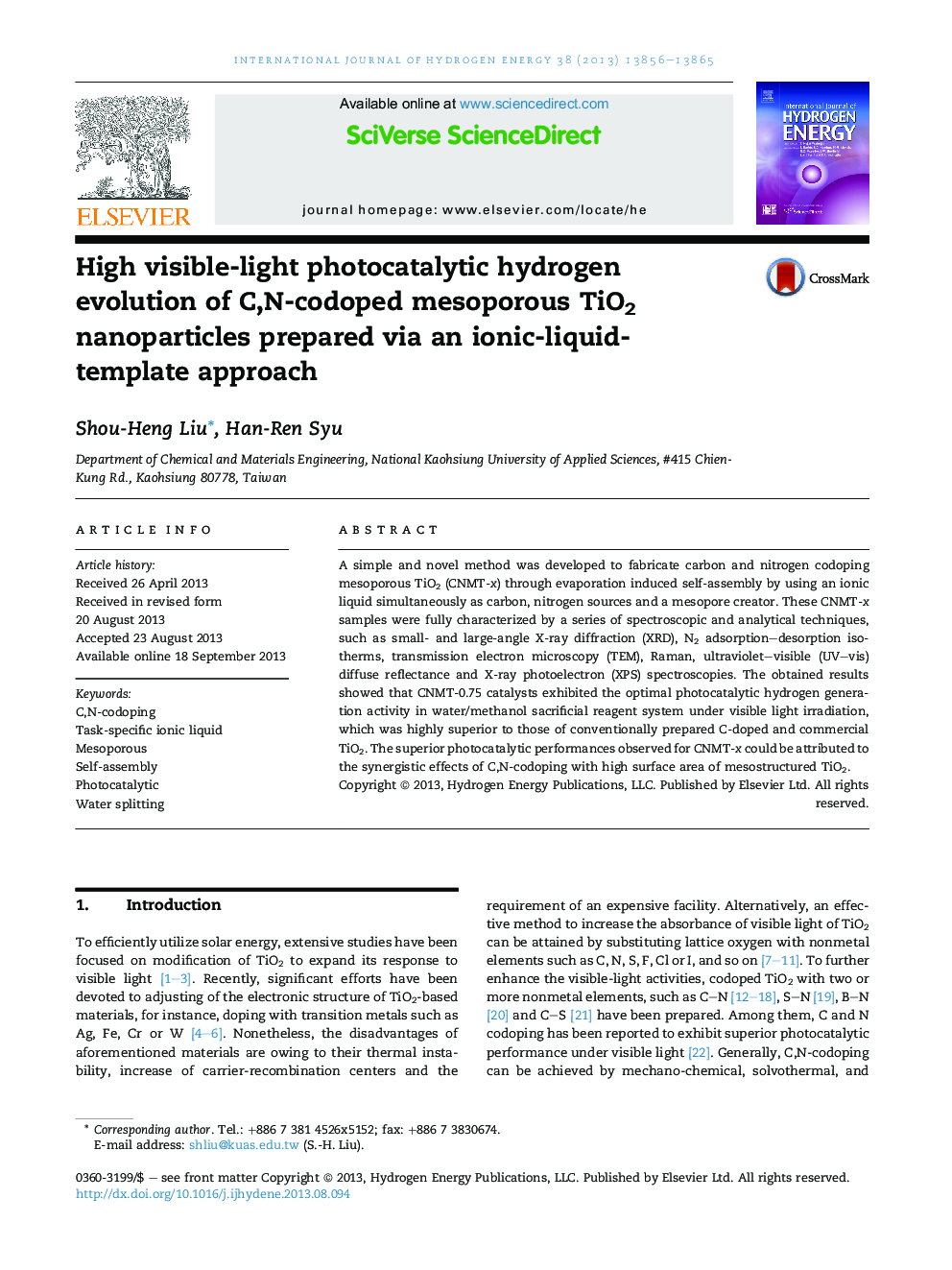 High visible-light photocatalytic hydrogen evolution of C,N-codoped mesoporous TiO2 nanoparticles prepared via an ionic-liquid-template approach