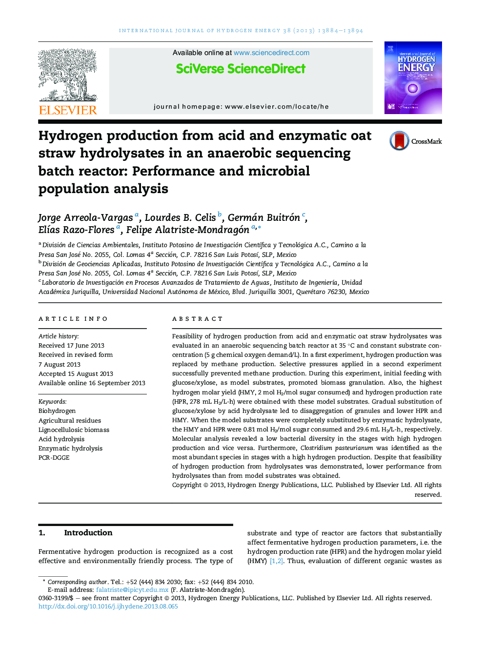 Hydrogen production from acid and enzymatic oat straw hydrolysates in an anaerobic sequencing batch reactor: Performance and microbial population analysis