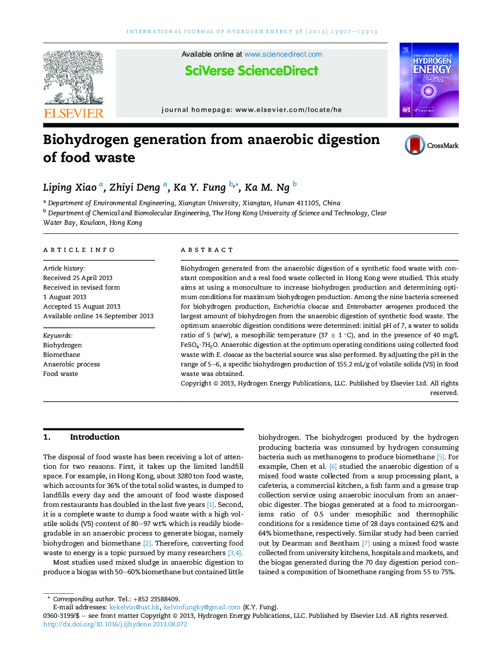 Biohydrogen generation from anaerobic digestion of food waste