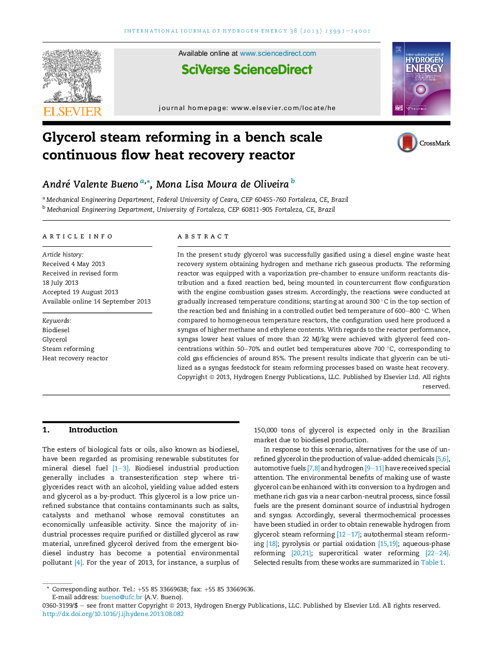 Glycerol steam reforming in a bench scale continuous flow heat recovery reactor