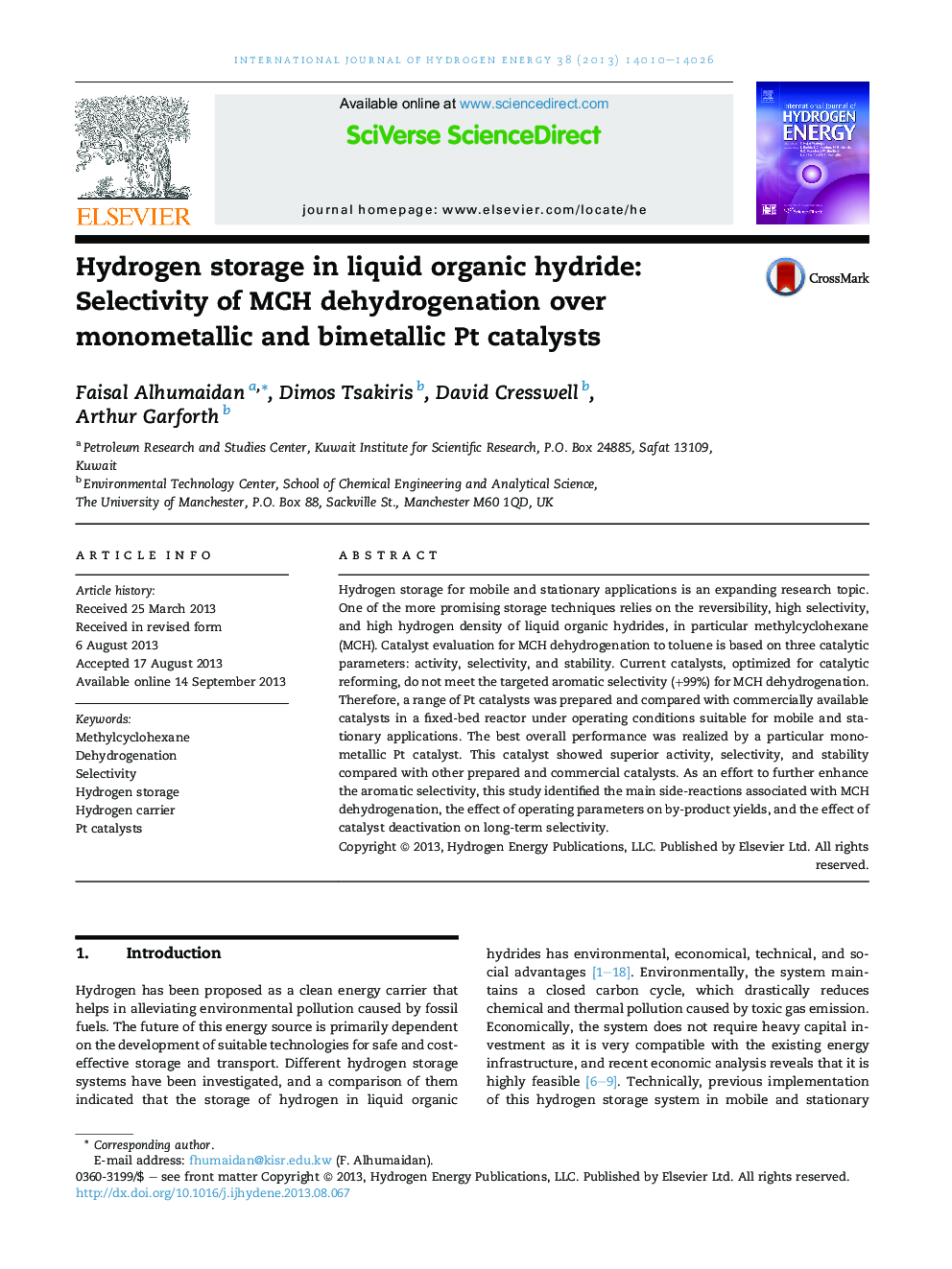 Hydrogen storage in liquid organic hydride: Selectivity of MCH dehydrogenation over monometallic and bimetallic Pt catalysts